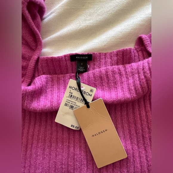 Halogen Puff Sleeve Ribbed Sweater Wool Blend square neck pink Sz: L NWT - Picture 10 of 11